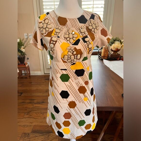 Karta Anthropologie 60s Mod Geometric Jeweled Mini Shift Dress Retro Size S. - Picture 3 of 9